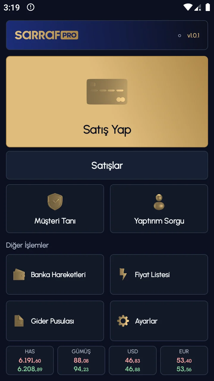 SarrafPro POS koyu tema ana menü ekranı